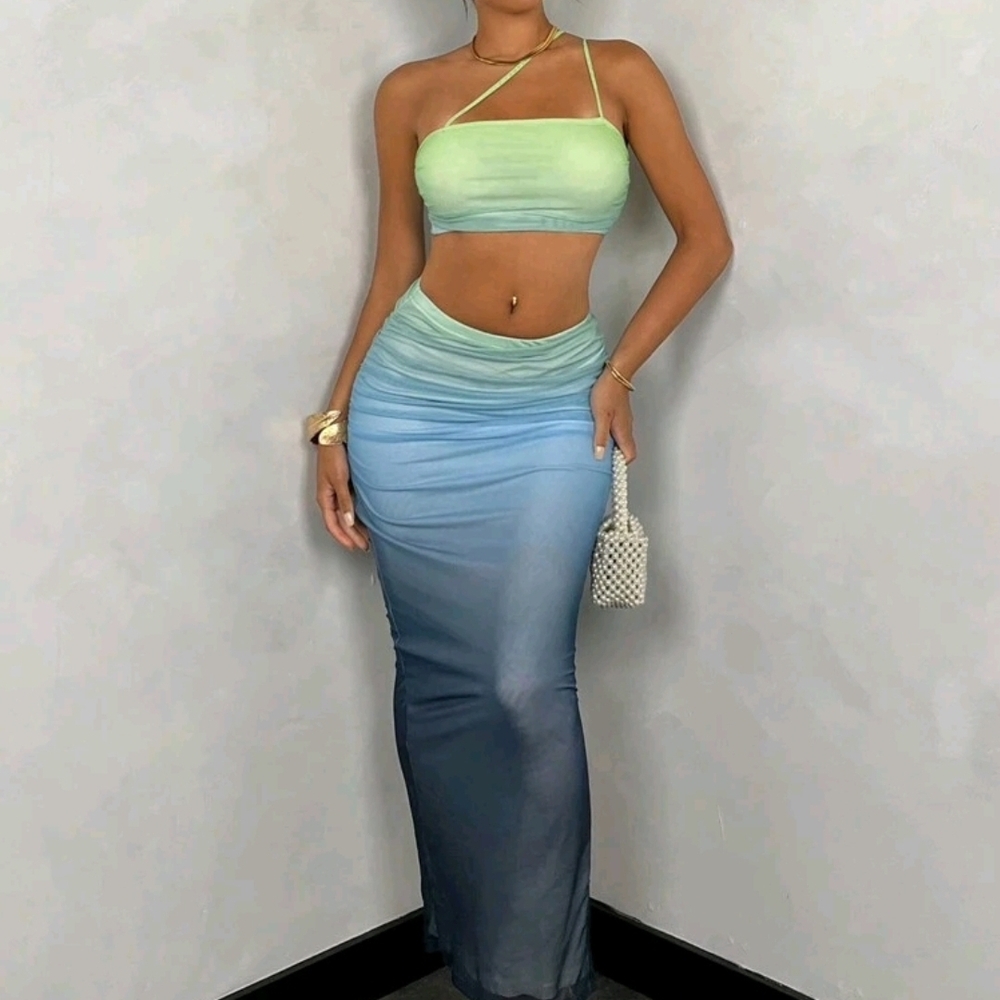 SHEIN Ombre Blue and Green Maxi Skirt